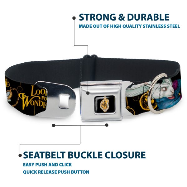 Alice in Wonderland Clock Full Color Black Gold White Seatbelt Buckle Collar - White Rabbit Poses LOOKING FOR WONDERLAND Clocks Black Golds Online now - Image 4